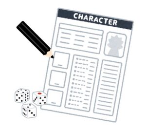 ゲームブックの巻頭や巻末に付属するキャラクターシート（アドベンチャーシート）と筆記具とサイコロ。ゲームブックを遊ぶときの三種の神器です