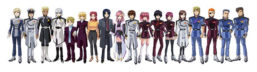 『機動戦士ガンダムSEED FREEDOM』キャラクター設定画。左からアルバート※、コノエ※、ディアッカ、イザーク、トーヤ※、カガリ、メイリン、アスラン、ラクス、キラ、アグネス※、シン、ルナマリア、マリュー、ムウ、ヒルダ、ヘルベルト、マーズ。※印は新キャラクター