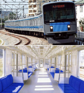 西武鉄道20000系電車とその車内。バケットシートを導入し2000年にデビューした（画像：西武鉄道）