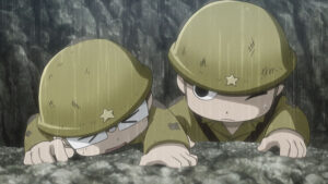 同じ部隊で仲良くなった田丸（左）と吉敷（右）は、ともに生きて日本に帰ることを約束する。映画『ペリリュー ー楽園のゲルニカー』より　（c)武田一義・白泉社／2025「ペリリュー ー楽園のゲルニカー」製作委員会