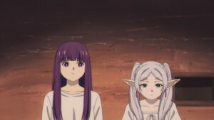 ベッドに並んで座る、フリーレンとフェルン。画像はアニメ『葬送のフリーレン』2期　31話「好きな場所」の場面カットより　(C)山田鐘人・アベツカサ／小学館／「葬送のフリーレン」製作委員会