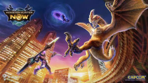 『モンスターハンターNow』新シーズン「迫る千刃と春宵の跳躍」告知ビジュアル。操虫棍を手にしたキャラクターが描かれる