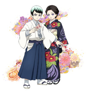 『鬼滅の刃 ヒノカミ血風譚』愈󠄀史郎と珠世のキャラクターイラスト　(C)吾峠呼世晴／集英社・アニプレックス・ufotable　 (C)「鬼滅の刃 ヒノカミ血風譚」製作委員会
